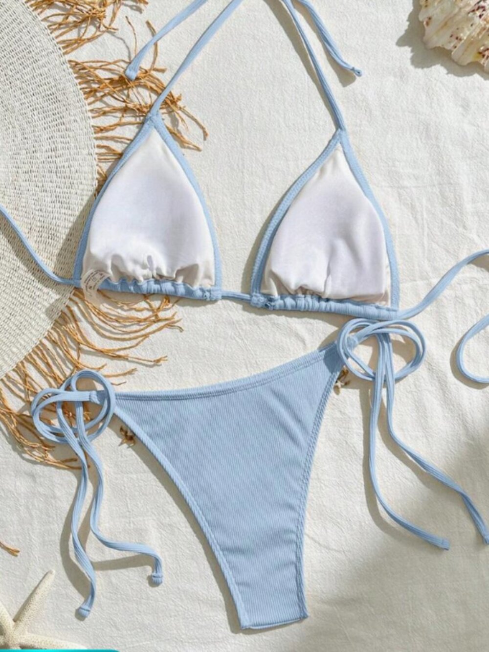 Women's Blue Shell Trim Triangle Bikini Set Lace Up Beach Swimwear Two Piece - Picture 4 of 4
